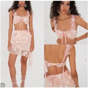 For Love & Lemons Pink Lace Butterfly Crop Top and Ruffled Skirt Set